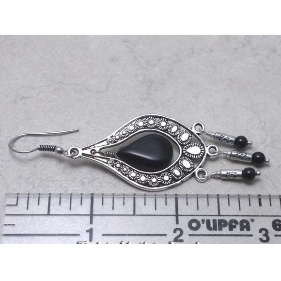 Black Onyx and Silver Teardrop Chandelier Earrings - Picture 3 of 3